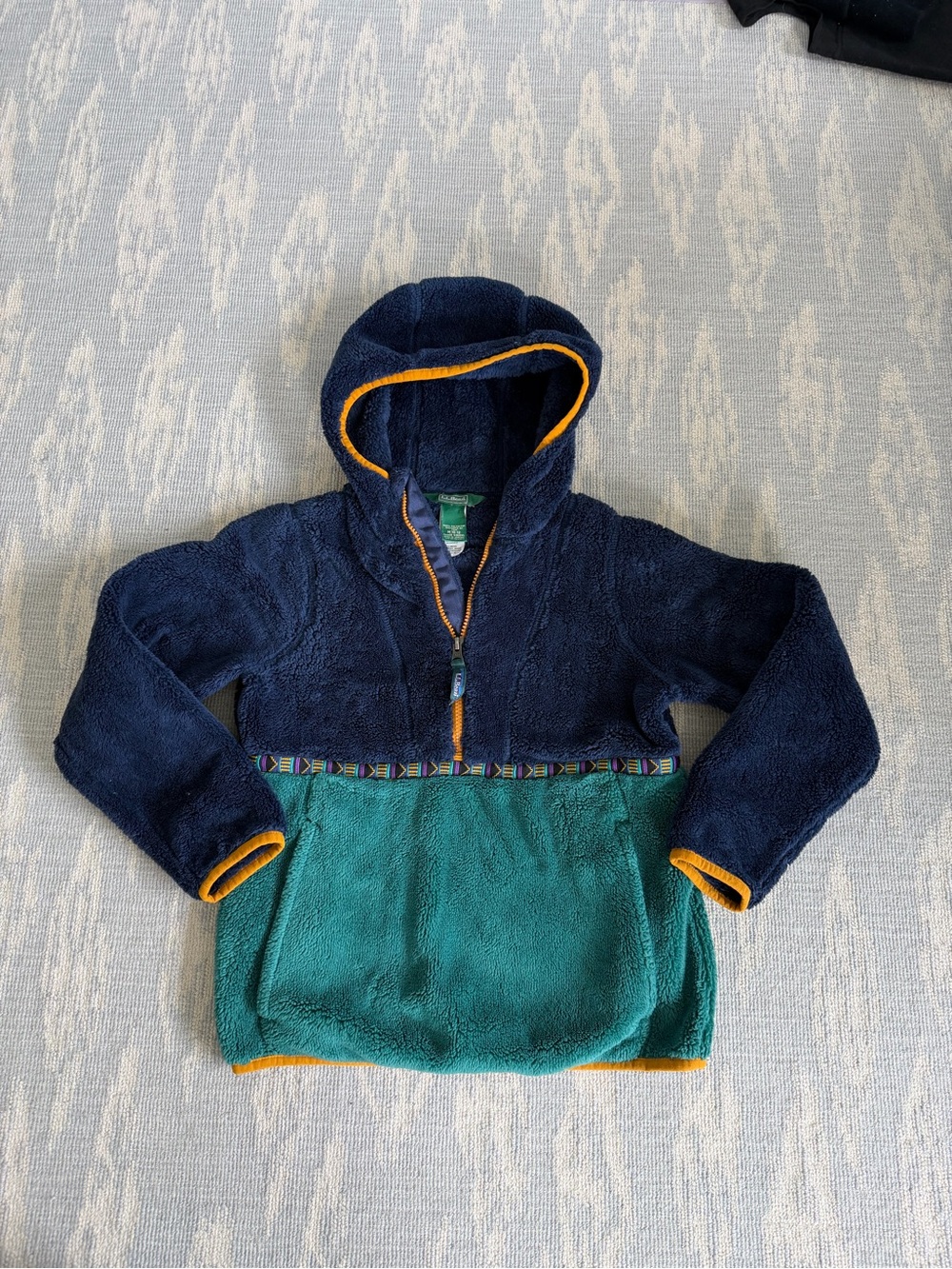 L.L. Bean Boys Medium Navy & Teal Hooded Fleece Pullover with Yellow Trim